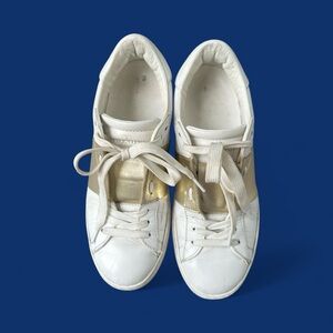 Valentino Garavani White & Gold Rockstud Sneakers Made in Italy